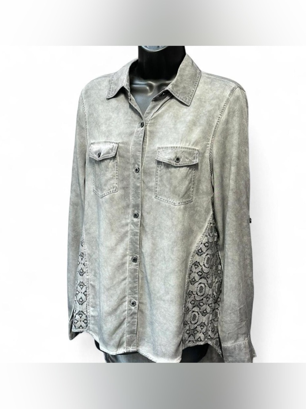 Burnt Grey Button‎ Up Shirt with Side Lace Panels Detail Size Small